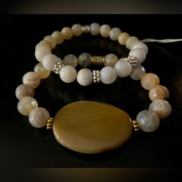 ALL THINGS BEAUTIFUL: Dendritic Agate Faceted w/Oval Fire Agate Set (NWOT) - Picture 4 of 7